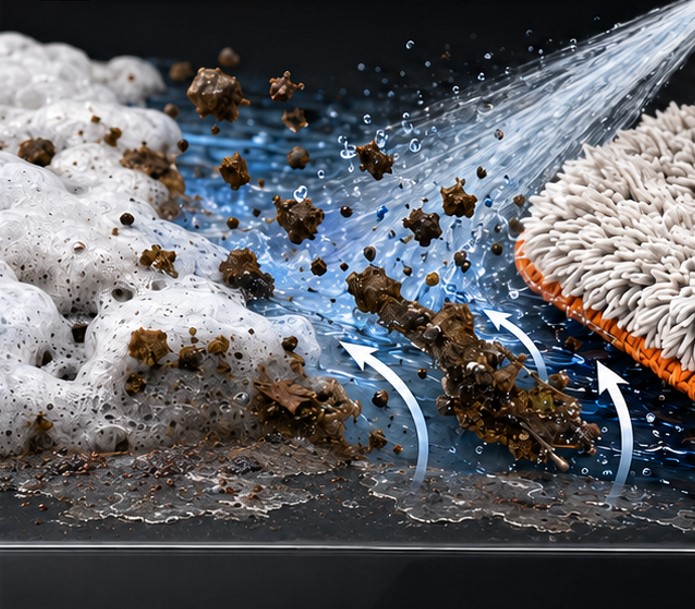 Foam, high-pressure water, and a wash mitt separate and remove the outer mixed contamination layer from automotive paint.