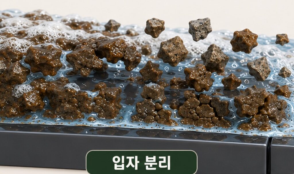 알칼리 프리워시 세정액과 거품이 입자를 붙잡은 복합 오염층을 약화하는 과정