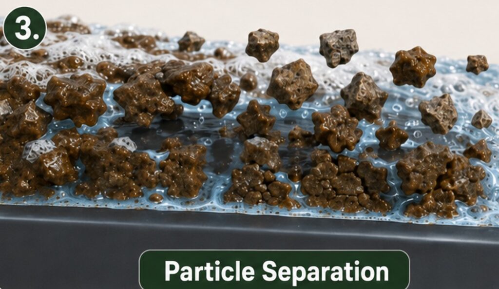 Road particles separating from the paint as the chemically weakened contamination layer breaks apart.