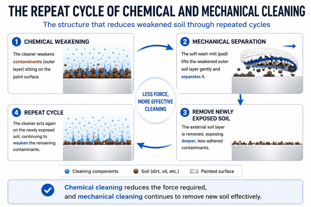 Infographic showing how chemical cleaning weakens surface contamination, a wash mitt separates it, deeper soil is exposed, and the cleaning action repeats with less physical force.