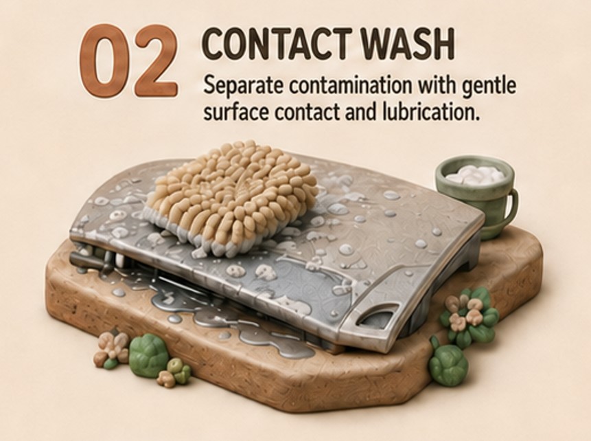 A thick wash mitt using lubricating shampoo to separate loosened contamination from the paint