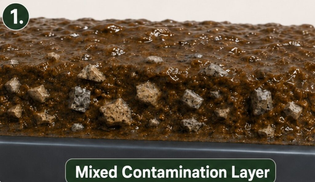 Road particles embedded in a mixed layer of oily and organic contamination on automotive paint.