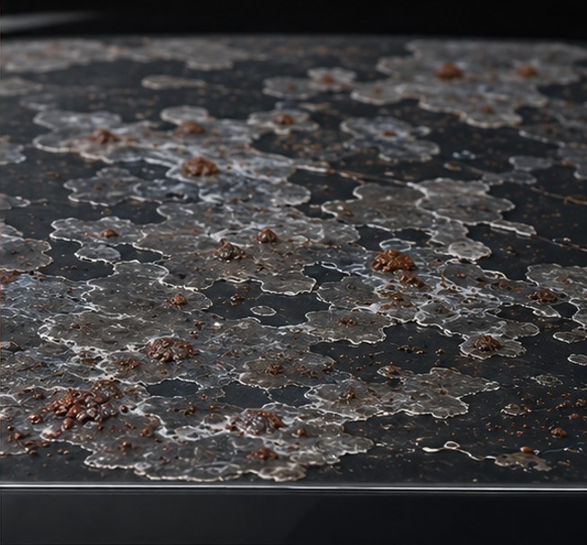 A thin mineral contamination film with embedded iron particles remains exposed across the clear coat after washing.