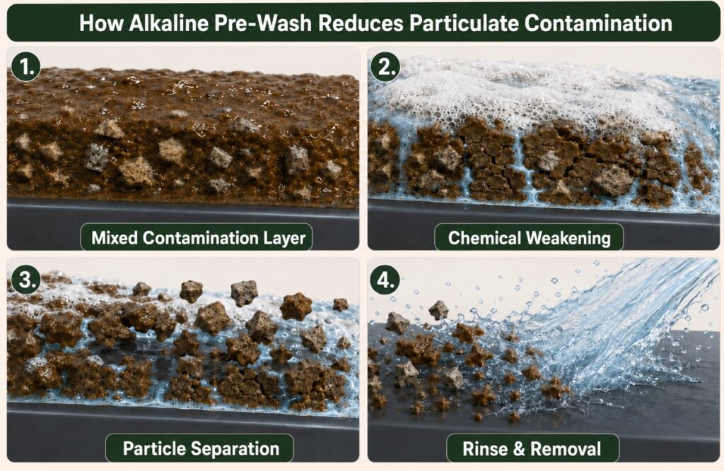 Four-stage illustration showing how alkaline pre-wash weakens a mixed contamination layer, separates embedded particles, and allows rinsing to remove them from automotive paint.