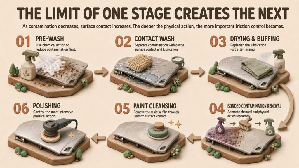 Six-stage infographic showing pre-wash, contact washing, drying and buffing, bonded contamination removal, paint cleansing, and polishing