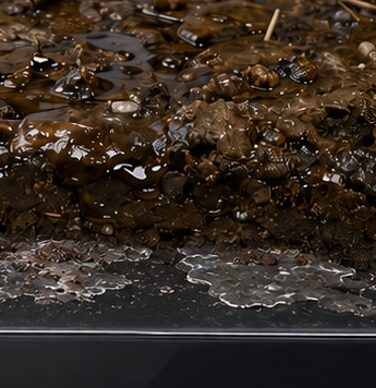 A thick mixed layer of oily road film, organic matter, dirt, and particles covers bonded contamination on the clear coat.