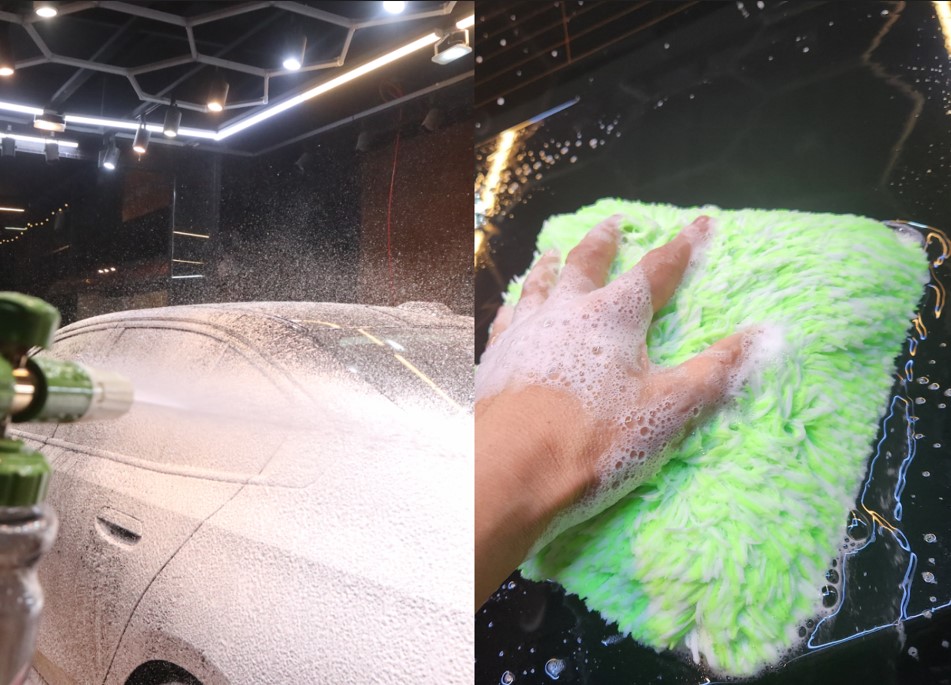 Snow foam pre-wash beside a car shampoo contact wash using a long-pile microfiber mitt