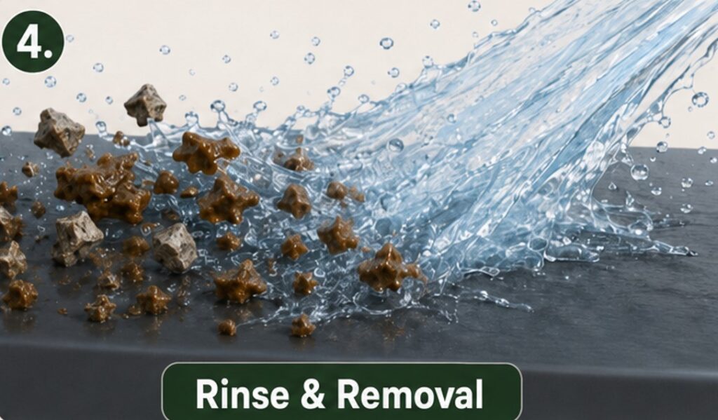 Rinse water carrying the weakened contamination layer and separated particles away from the automotive paint.