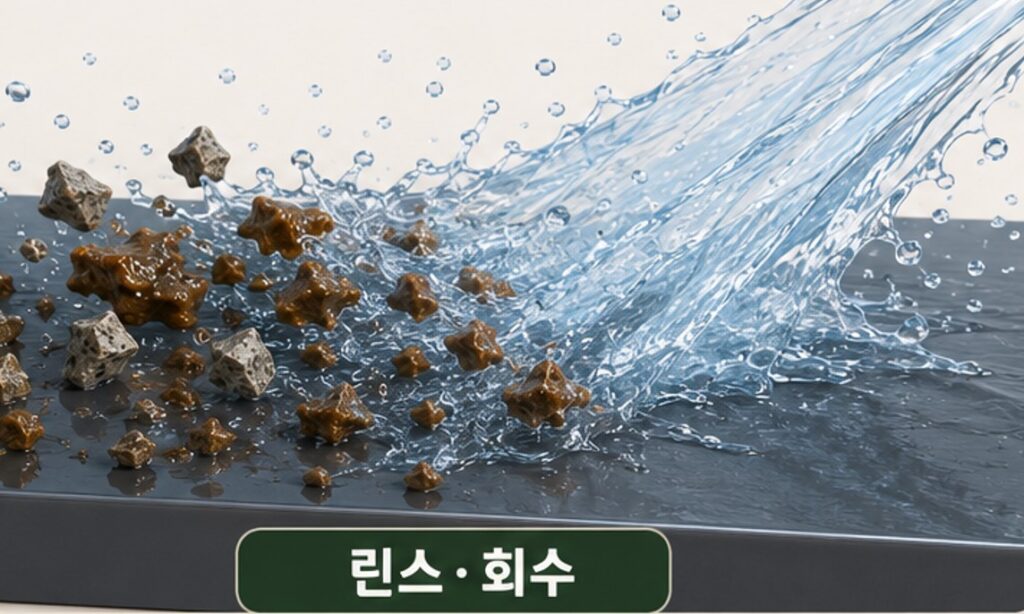 고압수가 약해진 오염막과 입자를 도장면에서 분리해 씻어내는 과정