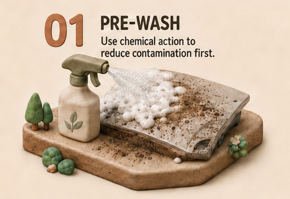 Pre-wash chemicals weakening surface contamination before any tool touches the paint