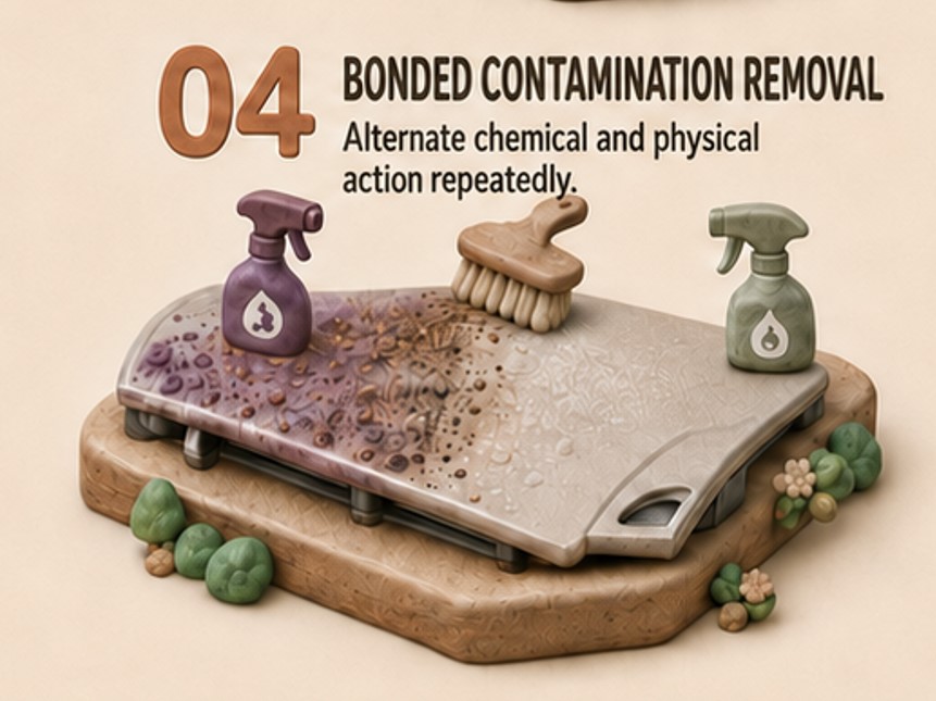 Chemical action and physical contact repeatedly breaking down bonded contamination