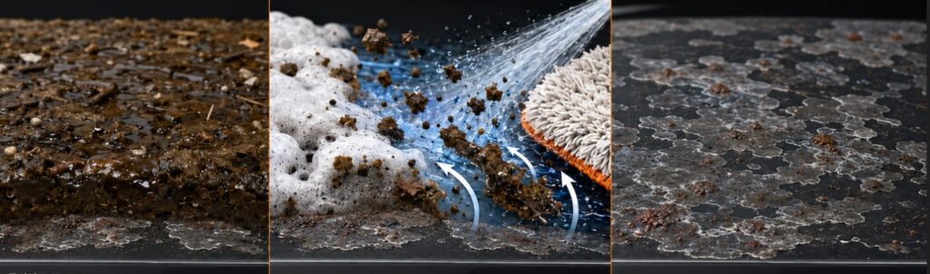 Three-stage diagram showing a mixed contamination layer removed by alkaline pre-wash and contact washing, revealing bonded mineral deposits and embedded iron particles.