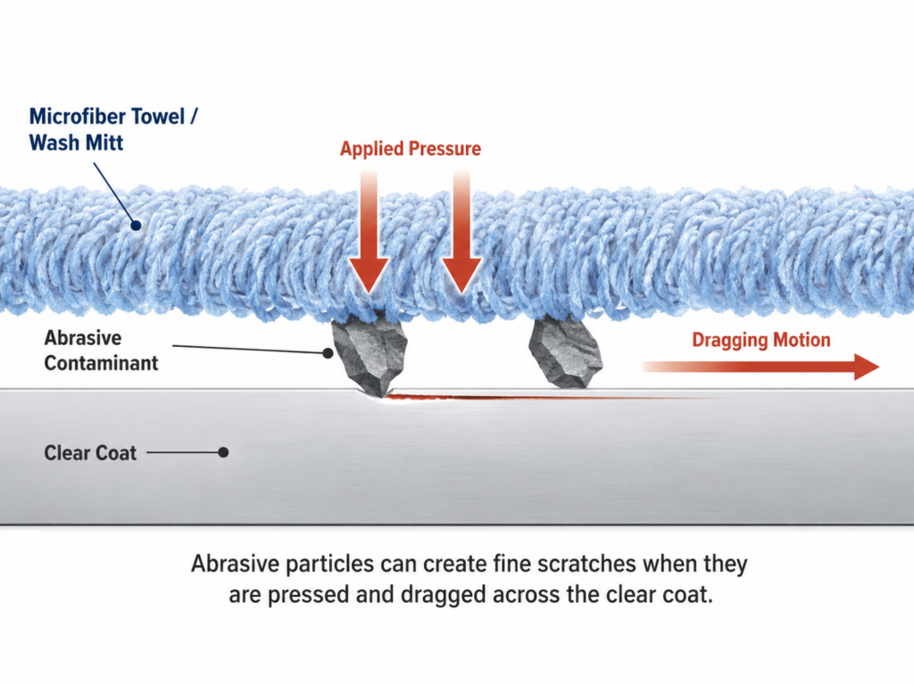Car detailing physics: Abrasive contaminants trapped between a wash mitt and vehicle clear coat