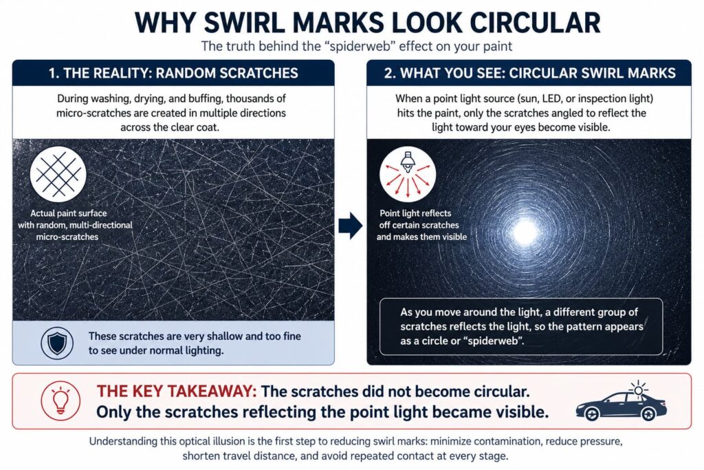 Why car swirl marks look circular under a point light despite random paint scratches