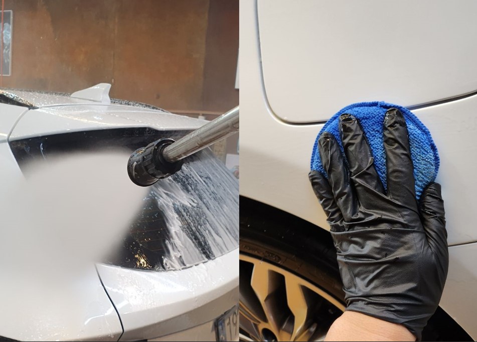 Acid pre-wash pressure rinsing compared with non-abrasive paint cleaner pad application