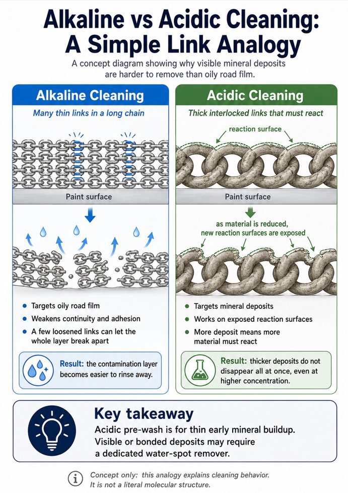 Thin-link and thick-link analogy explaining acidic pre-wash water-spot removal