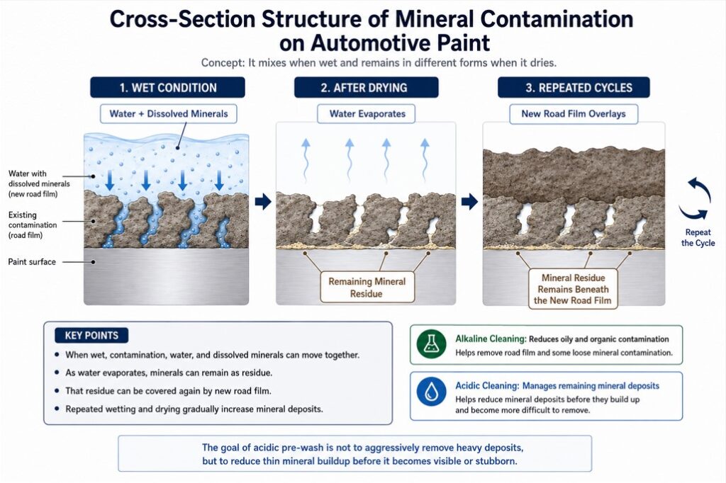 Acidic pre-wash mineral contamination structure under road film