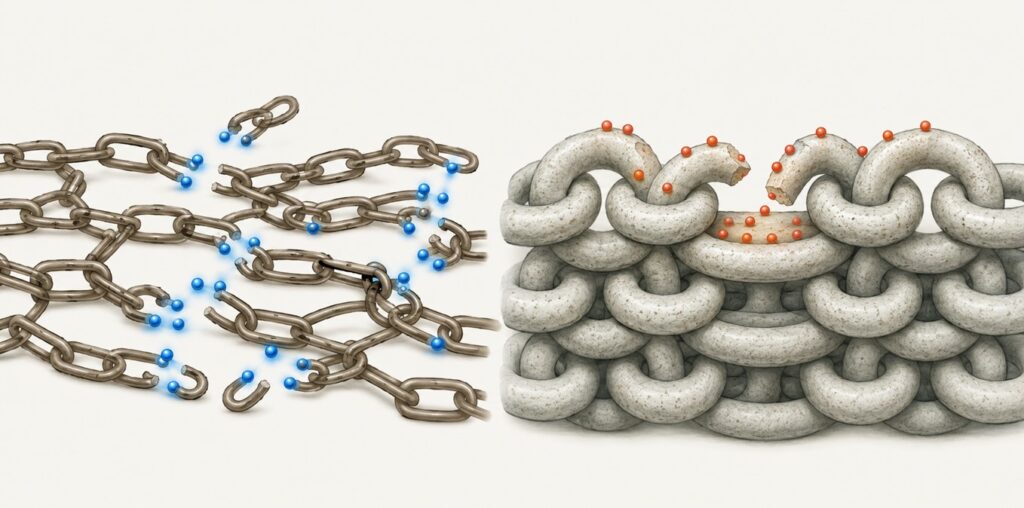 Conceptual diagram showing alkaline ions breaking selected links in oily contamination chains and acid ions reacting with the exposed upper layers of multilayer mineral deposits