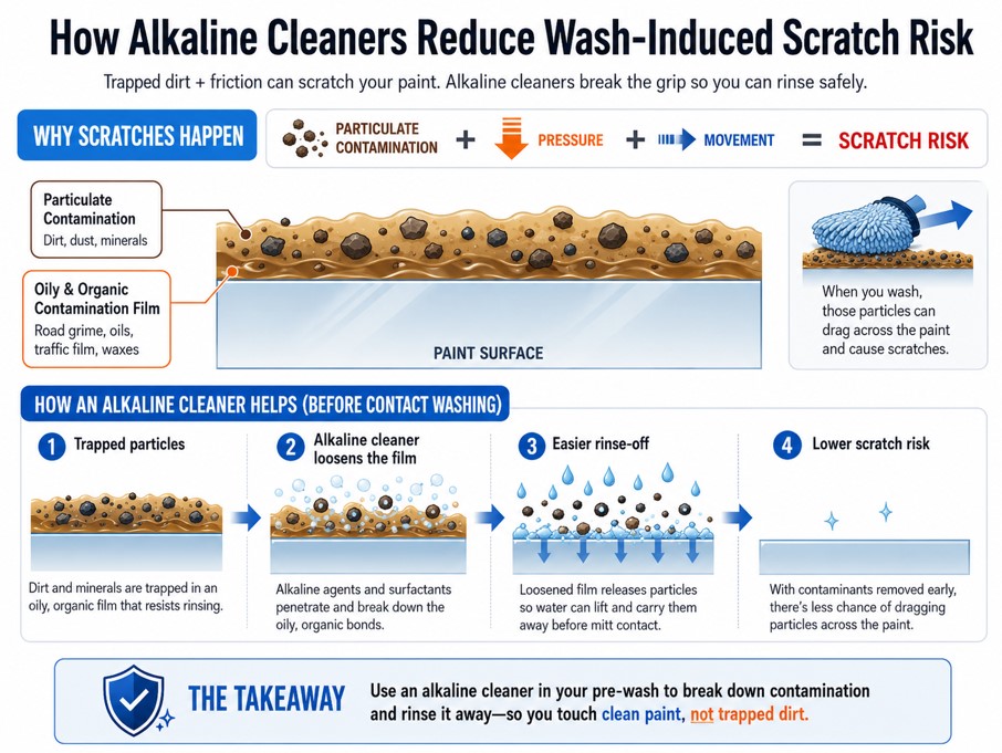 Alkaline cleaner weakening an oily contamination film that traps particulate dirt and increases scratch risk during car washing