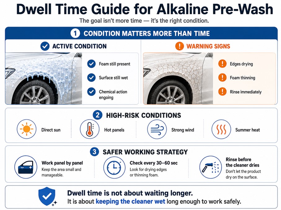Alkaline pre-wash dwell time guide showing wet active cleaner condition and drying warning signs
