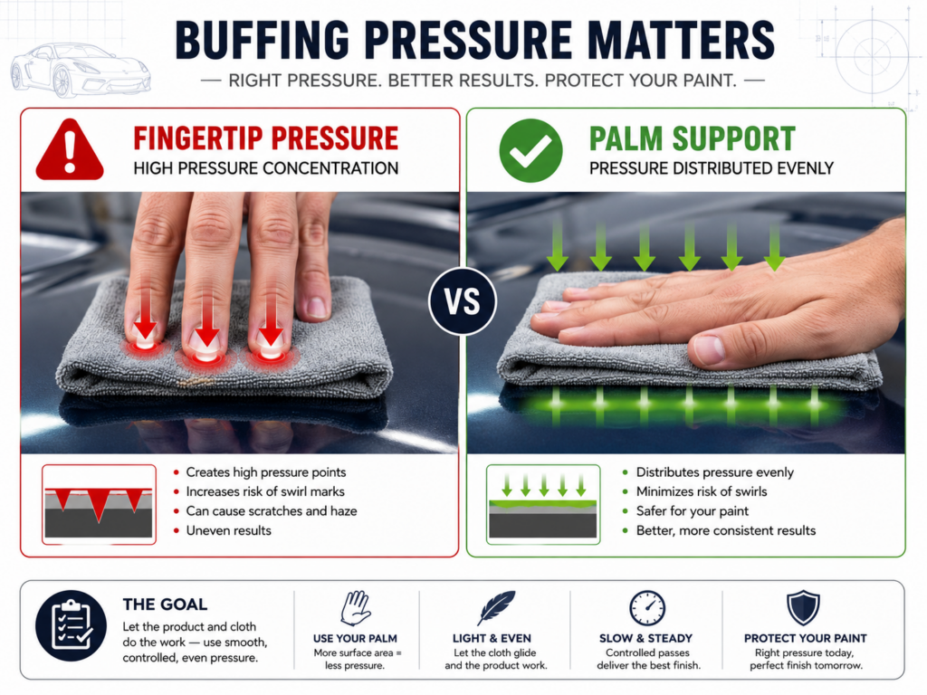 Car wax buffing pressure comparison between concentrated fingertip pressure and evenly distributed palm pressure