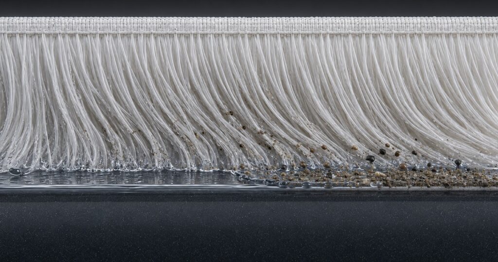 Cross-sectional view of a shampoo-soaked long-pile wash pad moving across contaminated automotive paint and carrying loosened dirt into its fibers.