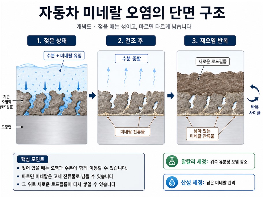 자동차 미네랄 오염의 단면 구조와 로드필름 재축적 개념도
