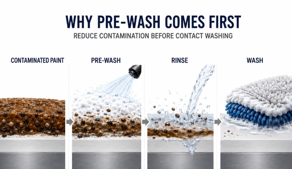 Pre-wash weakening bonded contamination before a contact wash