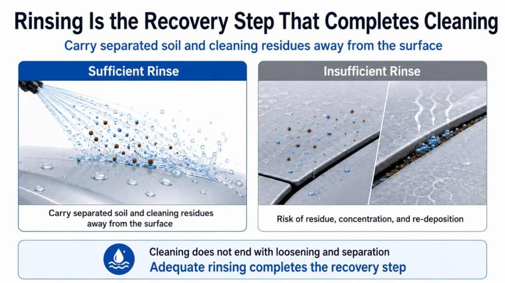 Infographic comparing sufficient and insufficient rinsing, showing how proper rinsing removes separated soil and cleaner residue while poor rinsing can cause concentration and re-deposition.
