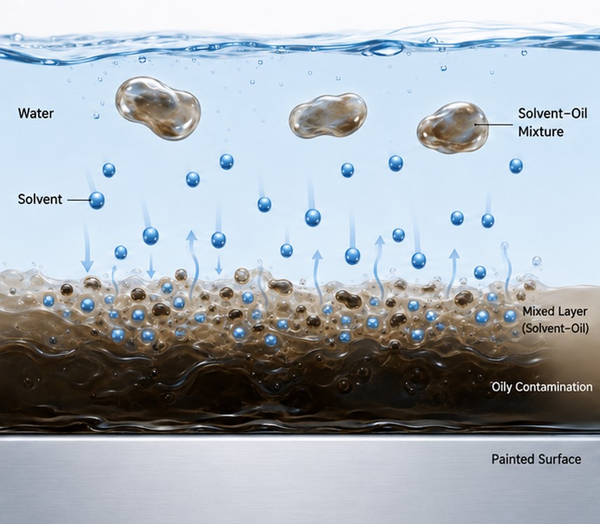 Solvent action in 3PH car wash cleaning power mixing with oily contamination