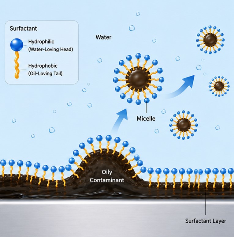 Surfactant action in 3PH car wash cleaning power dispersing oily contamination in water