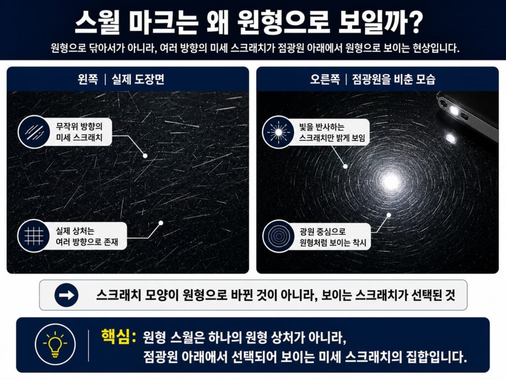 실제 스월 마크와 점광원에서 보이는 스월 마크의 차이