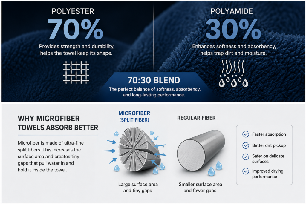 70/30 all-purpose microfiber towel blend with polyester and polyamide