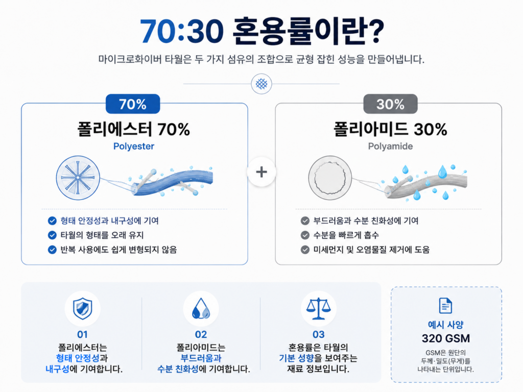  "극세사 타월의 폴리에스터 70%와 폴리아미드 30% 혼용률이 기재된 구조 비교표"