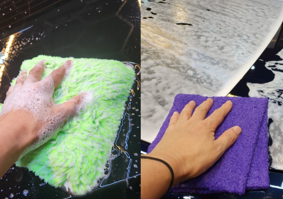 Two-wash paint preparation using a long-pile wash mitt followed by a fluffy microfiber towel before applying a paint cleaner
