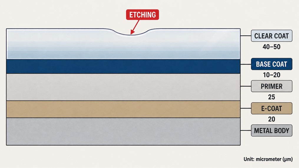 Automotive paint cross-section showing transparent clear coat etching and the thickness of each paint layer