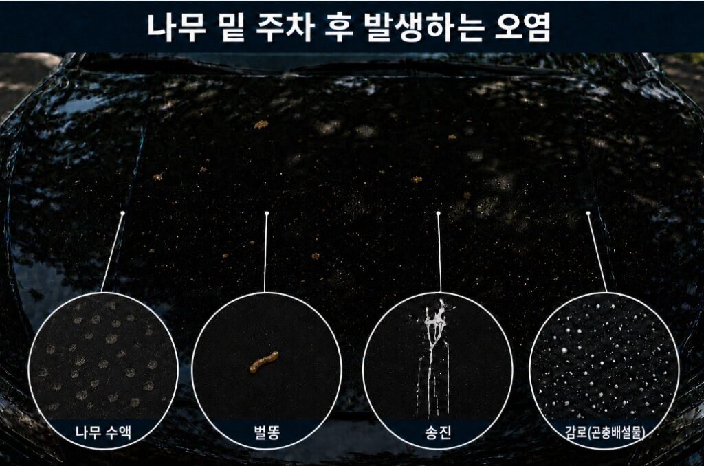 검은색 자동차 보닛에 발생한 나무 수액, 벌똥, 송진, 감로(곤충 배설물)의 형태를 확대해 비교한 이미지