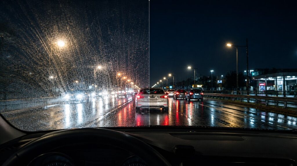 Car windshield before and after oil film removal on a rainy night