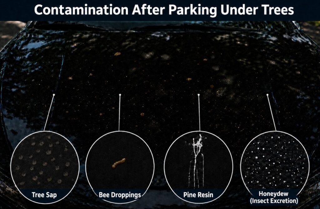 Comparison of tree sap, bee droppings, pine resin, and honeydew contamination on a black car hood.