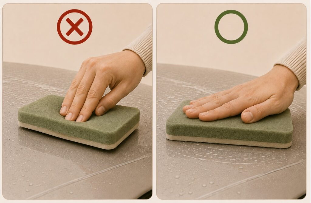 Even paint cleaner pad contact using the full pad face instead of concentrated fingertip pressure