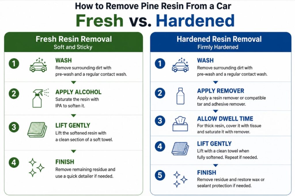 Step-by-step comparison of removing fresh pine resin with IPA and hardened resin with a compatible remover.