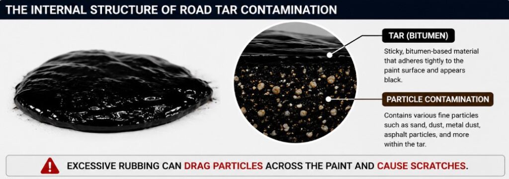 Road tar containing hidden fine particles that can scratch car paint when rubbed
