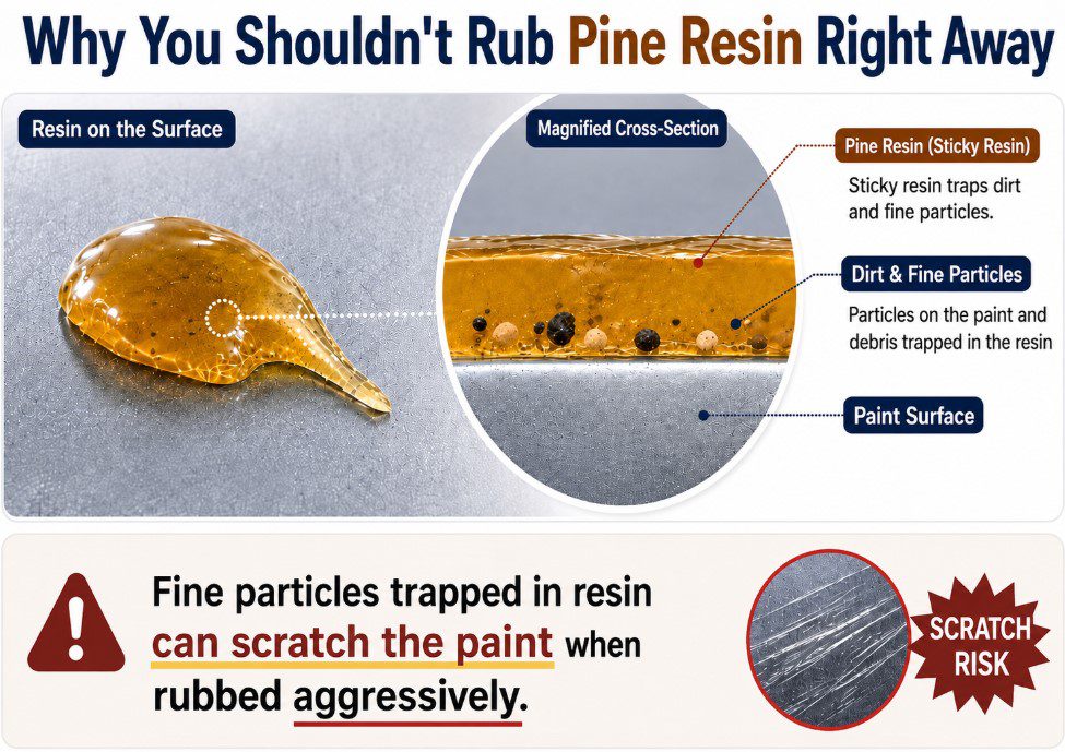 Diagram showing dirt and fine particles trapped in pine resin that can scratch car paint when rubbed.