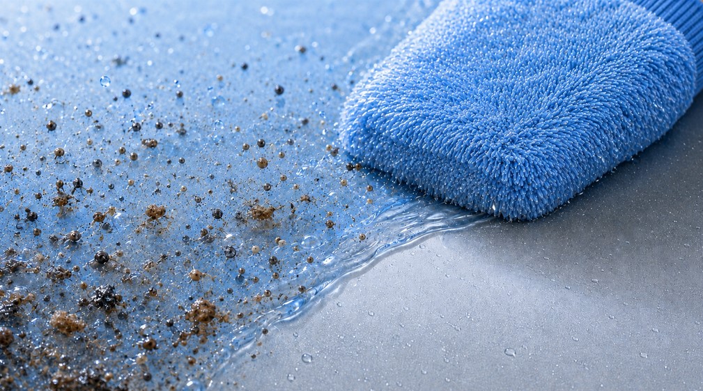 Alkaline pre-wash loosening contamination before contact washing with a wash mitt