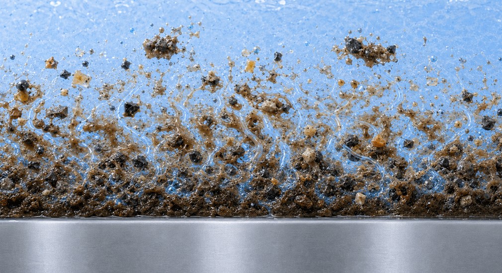 Particles trapped within oily and organic layers of mixed contamination