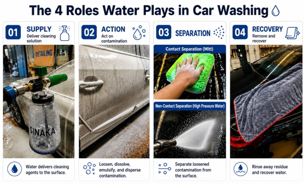 The four roles of water in car washing: supply, action, separation, and removal