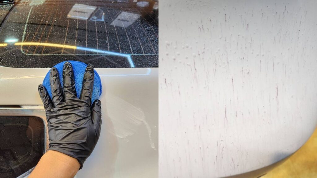 Paint cleaner application and iron remover reaction on contaminated car paint