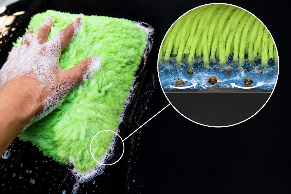 Water and car shampoo forming a lubricating film between a wash mitt and automotive paint to reduce direct particle contact